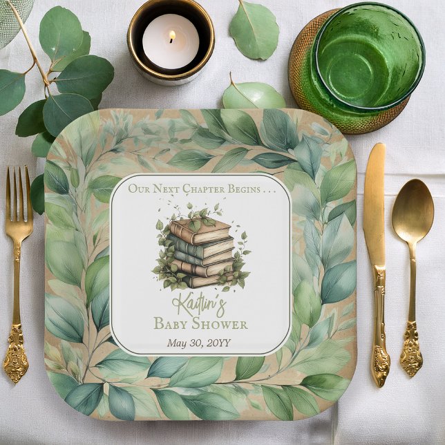 Bücher Unser nächstes Kapitel fängt Babydusche an Pappteller (Rustic Vintage Look Elegance "Our Next Chapter Begins . . ." Books | Leaves Baby Shower Paper Plates)
