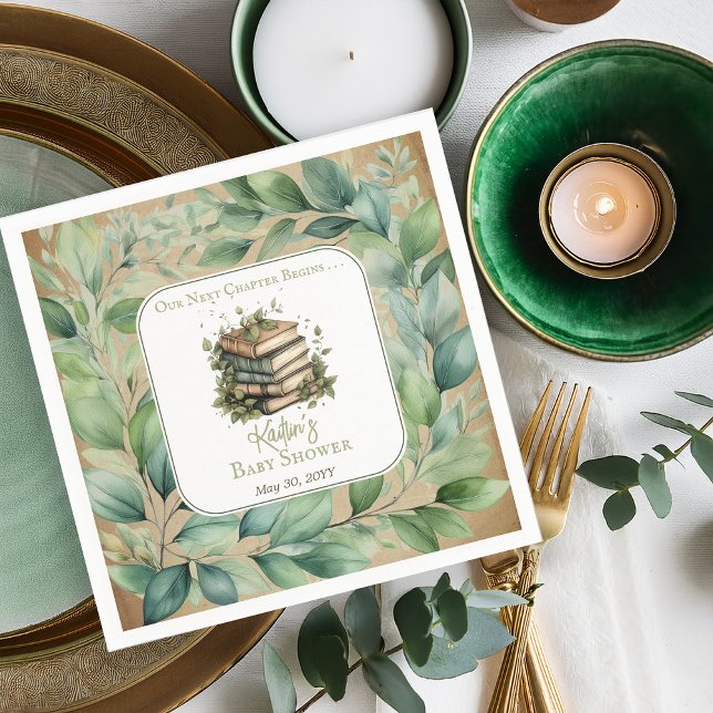 Bücher Unser nächstes Kapitel fängt Babydusche an Serviette (Rustic Vintage Look Elegance "Our Next Chapter Begins . . ." Books and Leaves Baby Shower Napkins)