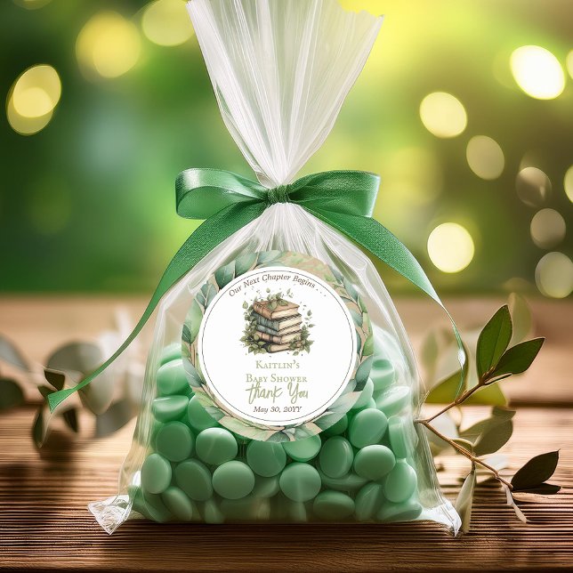 Bücher Unser nächstes Kapitel Kinderdusche Vielen  Runder Aufkleber (Rustic Vintage Look Elegance "Our Next Chapter Begins . . ." Books Leaves Baby Shower Favor Sticker)