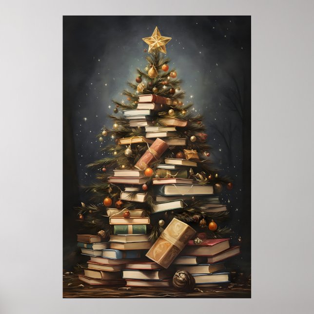 Bücher Weihnachtsbaum Druck, Winter Rustikal Poster (Vorne)