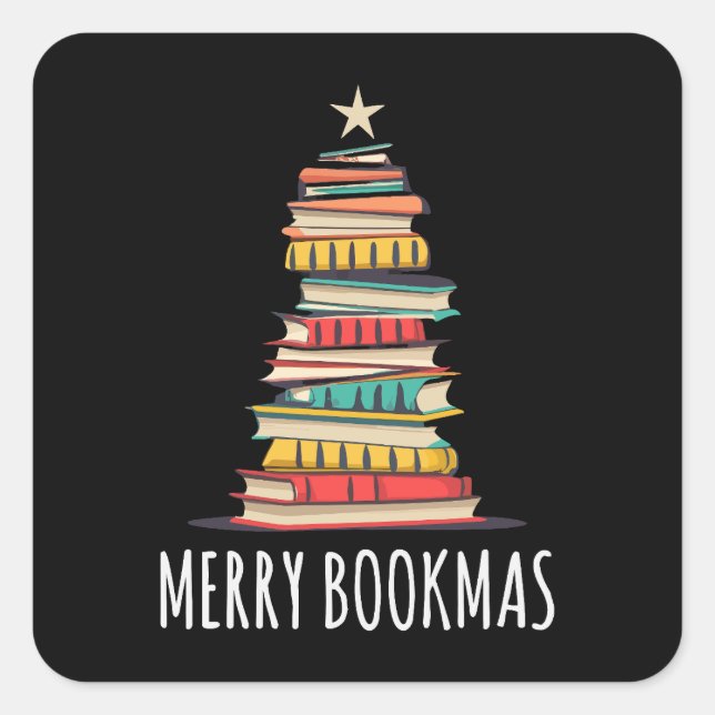 Bücher Weihnachtsbaum Merry Bookmas Quadratischer Aufkleber (Vorderseite)