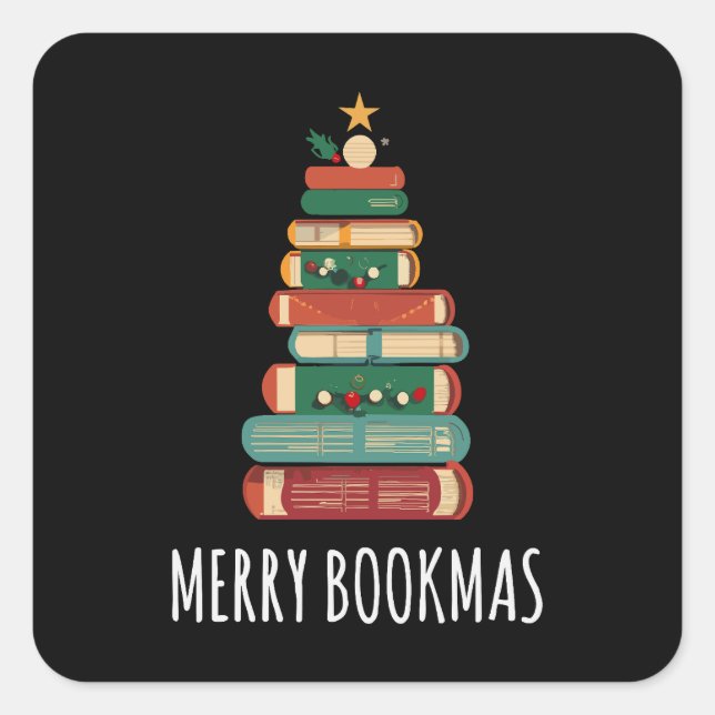 Bücher Weihnachtsbaum Merry Bookmas Quadratischer Aufkleber (Vorderseite)