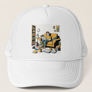 Bücherliebhaber auf dem Sofa Truckerkappe