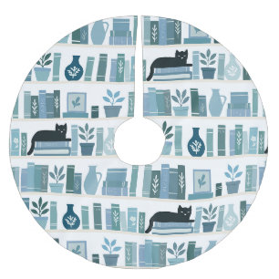 Bücherliebhaber blaue Bücherregal & Katze Polyester Weihnachtsbaumdecke