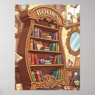 Bücherliebhaber Süße Cartoon-Bücherregal mit Kreat Poster