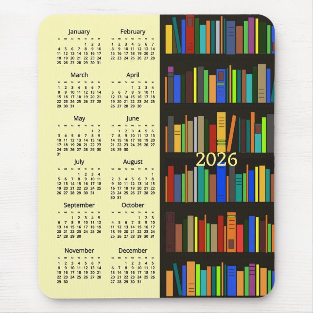 Bücherregale 2026 Kalender Mauspad (Vorne)