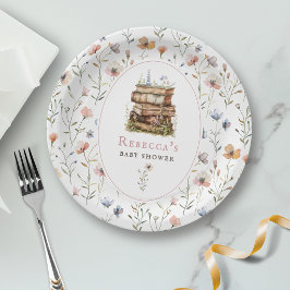 Bücherstapel Babydusche Wasserfarbe, Wildblume Pappteller