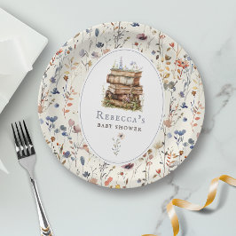 Bücherstapel Babydusche Wasserfarbe, Wildblume Pappteller