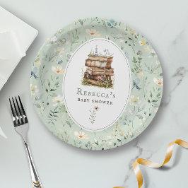 Bücherstapel Babydusche Wasserfarbe, Wildblume Pappteller