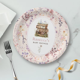 Bücherstapel Babydusche Wasserfarbe, Wildblume Pappteller