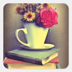 Bücherstapel, Bücher und eine Rose in einem Kaffee Quadratischer Aufkleber