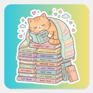 Bücherwurm-Katz-Cozy-Lesekatze Quadratischer Aufkleber