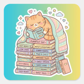 Bücherwurm-Katz-Cozy-Lesekatze Quadratischer Aufkleber