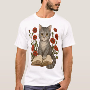 Buchkatze � Süße lesende Katze mit Mohn für Bo T-Shirt