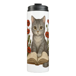 Buchkatze – Süße lesende Katze mit Mohn für Bo Thermosbecher