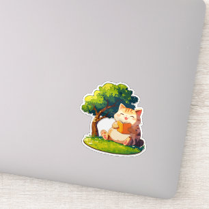 Buchliebende dicke Katze unter Baum Aufkleber