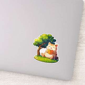 Buchliebende dicke Katze unter Baum Aufkleber