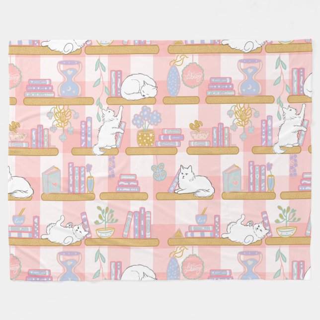 Buchliebende Katzen Geschenk Rosa Pastell Fleecedecke (Vorderseite (Horizontal))