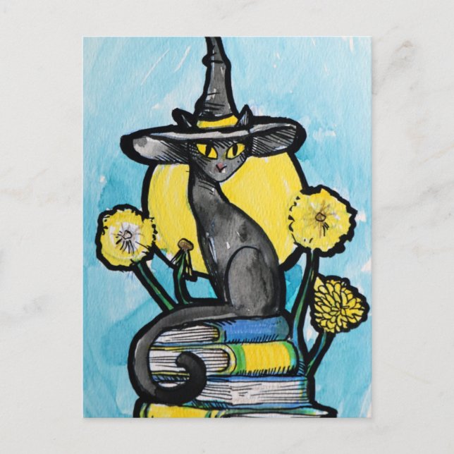Buchliebende Katzenhexe Postkarte (Vorderseite)