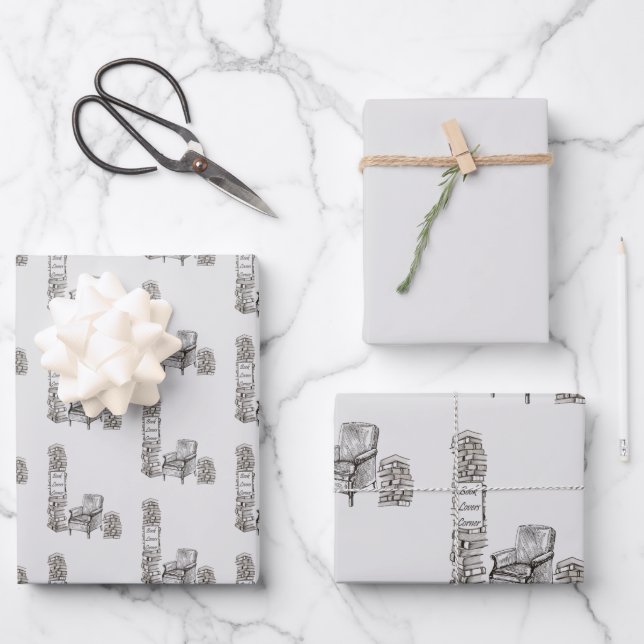 Buchliebhaber Ecke Wrapping Paper Sheet Geschenkpapier Set (Vorderseite)