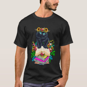 Buchliebhaberin Damen Florale Katze Auf Büchern Ti T-Shirt