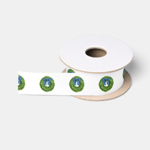 Buchsbaum-Grüner Kranz mit Blauem Band Satinband
