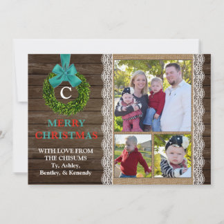 Buchsbaum-Kranz-Weihnachtskarte mit 3 Familienfoto Feiertagskarte