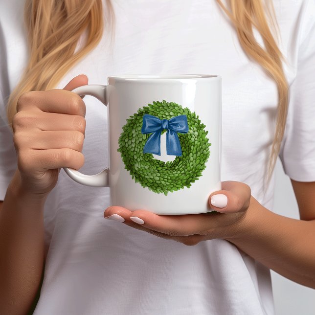 Buchsbaumkranz mit blauem Schleifkeramik  Kaffeetasse (personalized boxwood wreath with blue bow custom name)