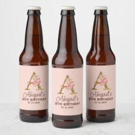 Buchstabe A Gold Monogramm Blush Rosa Rosen Bierflaschenetikett