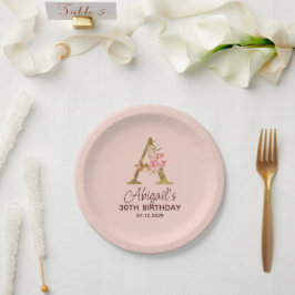 Buchstabe A Gold Monogramm Blush Rosa Rosen Pappteller