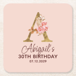 Buchstabe A Gold Monogramm Blush Rosa Rosen Rechteckiger Pappuntersetzer