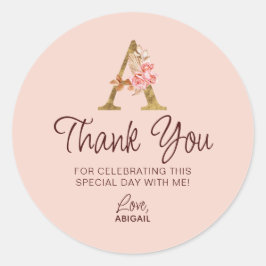 Buchstabe A Gold Monogramm Blush Rosa Rosen Runder Aufkleber