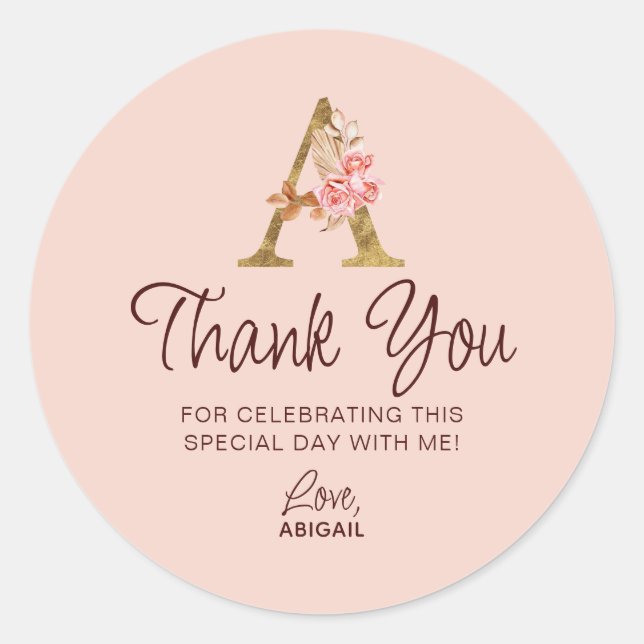 Buchstabe A Gold Monogramm Blush Rosa Rosen Runder Aufkleber (Vorderseite)