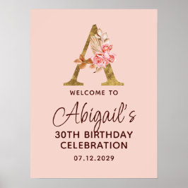 Buchstabe A Gold Monogramm Rosarote Rosen Willkomm Poster