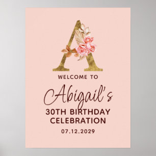 Buchstabe A Gold Monogramm Rosarote Rosen Willkomm Poster
