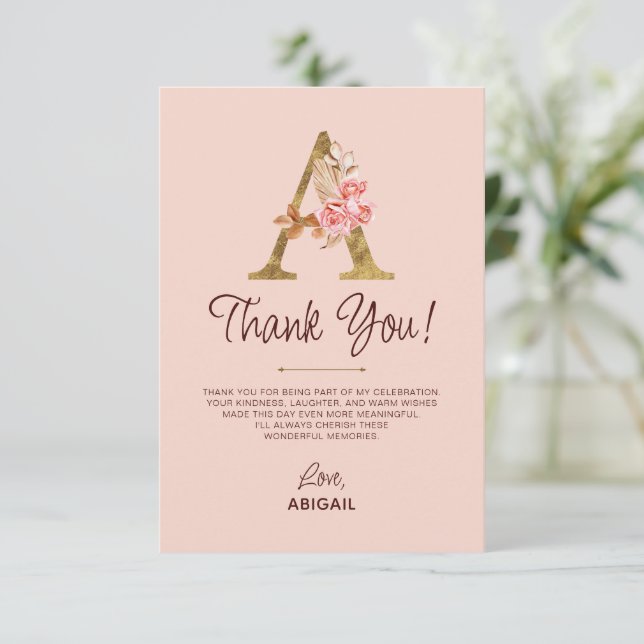 Buchstabe A Gold-Monogramm Rosé Rosen Dankeskarte (Stehend Vorderseite)