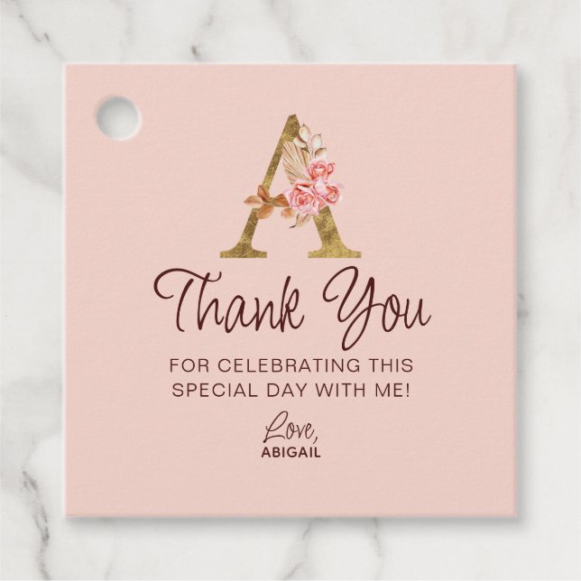 Buchstabe A Gold-Monogramm Rosé Rosen Geschenkanhänger (Vorderseite)