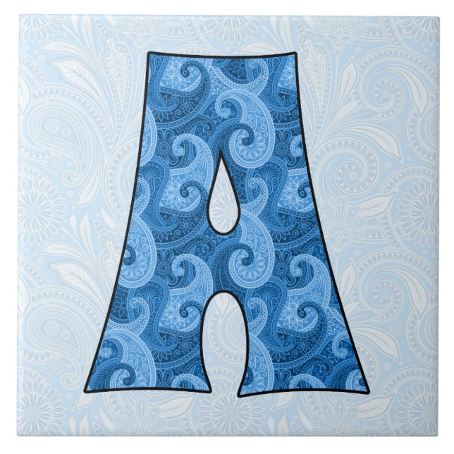 Buchstabe A - Mit Monogramm Blue Paisley Fliese (Vorderseite)
