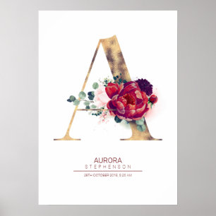 Buchstabe A Monogramm Floral Burgunderrot und Gold Poster