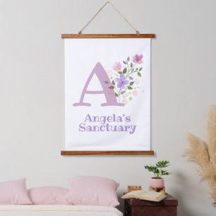Buchstabe A plus Vorname mit floralem Design Wandteppich Mit Holzrahmen