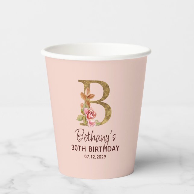 Buchstabe B Gold Monogramm Rosé Rosen Pappbecher (Vorderseite)