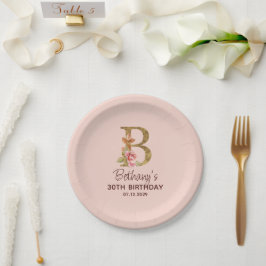 Buchstabe B Gold Monogramm Rosé Rosen Pappteller