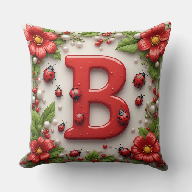 🐞 Buchstabe B Rote Marienkäfer Mohn Perlen Kissen (Vorderseite)