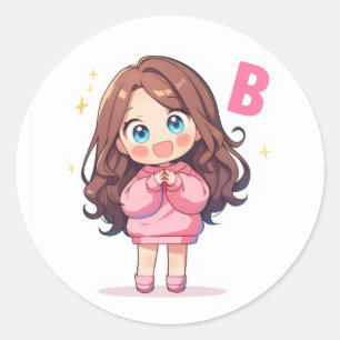 Buchstabe B Süßes Kawaii Mädchen Anime Runder Aufkleber