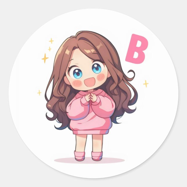Buchstabe B Süßes Kawaii Mädchen Anime Runder Aufkleber (Vorderseite)