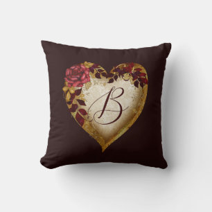 Buchstabe B Vintage Rote Rose und Goldene Blätter  Kissen