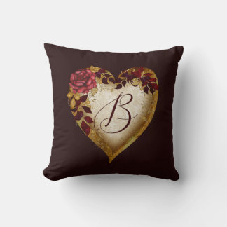 Buchstabe B Vintage Rote Rose und Goldene Blätter  Kissen