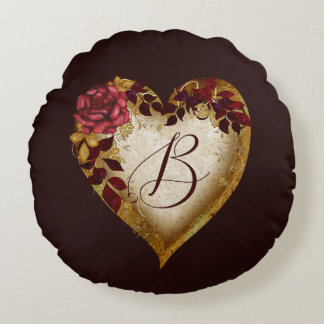 Buchstabe B Vintage Rote Rose und Goldene Blätter  Rundes Kissen