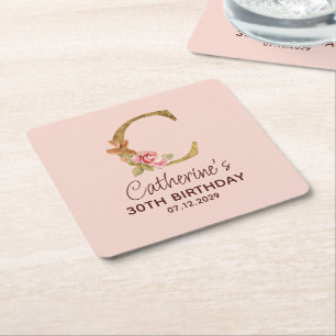 Buchstabe C Gold Monogramm Blush Rosa Rosen Rechteckiger Pappuntersetzer
