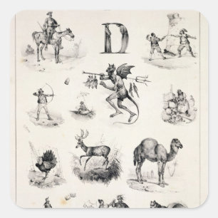 Buchstabe D aus einem Alphabet-Primer, 1832 Quadratischer Aufkleber